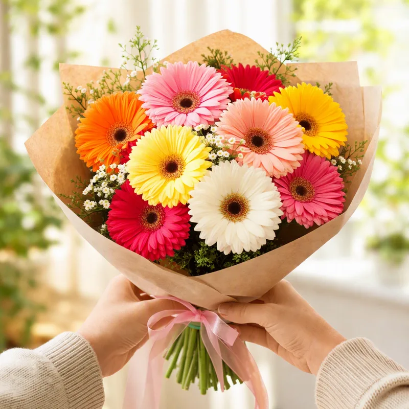 Colourful hand-tied gerbera bouquet for a colleague