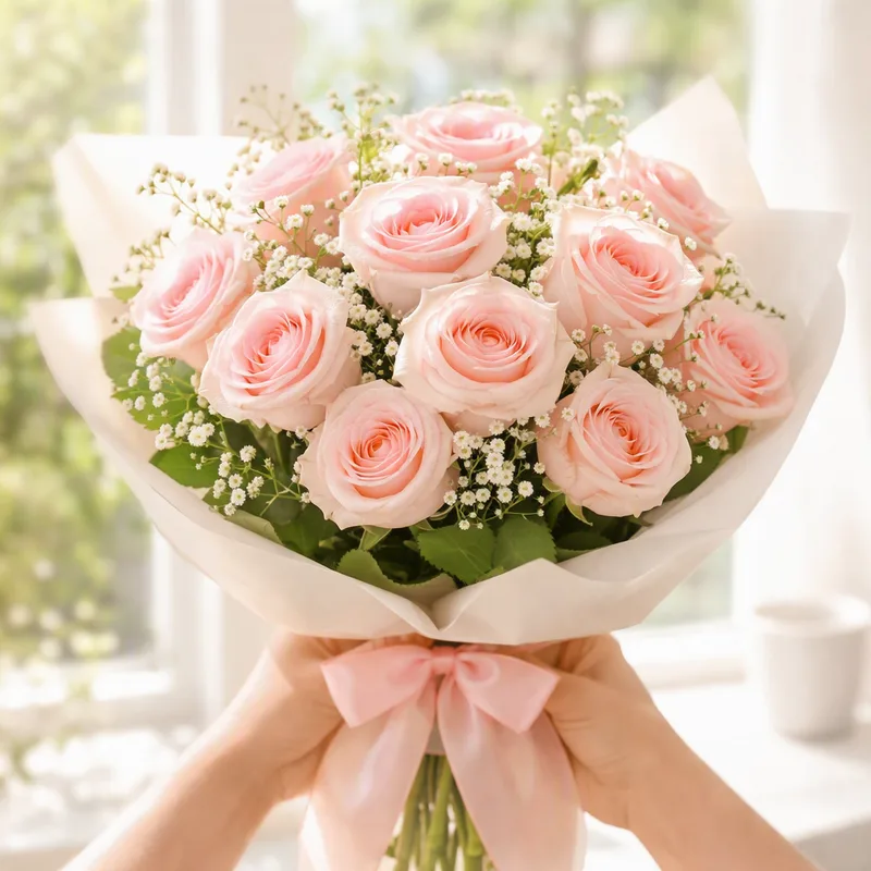 Pale hand-tied rose bouquet for new parents