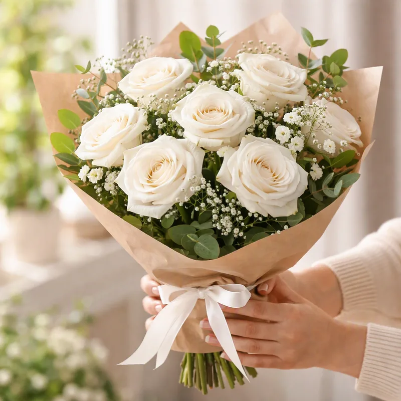 White hand-tied sympathy bouquet with ribbon from colleagues
