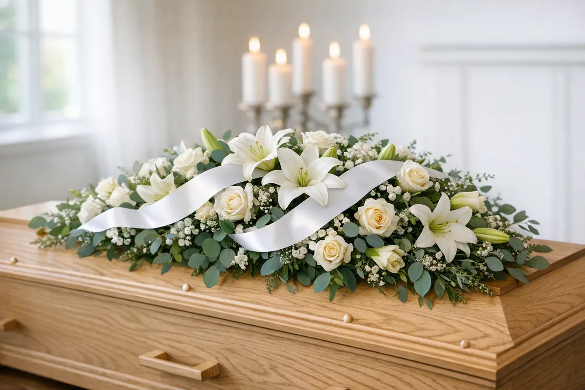 Casket spray of white lilies and roses on the coffin