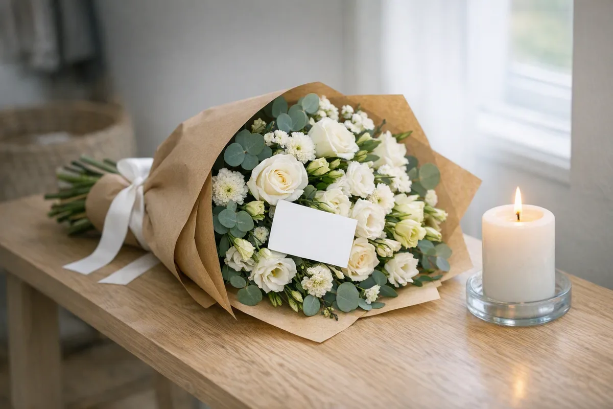 Sympathy bouquet in kraft paper with a card and a lit candle at home