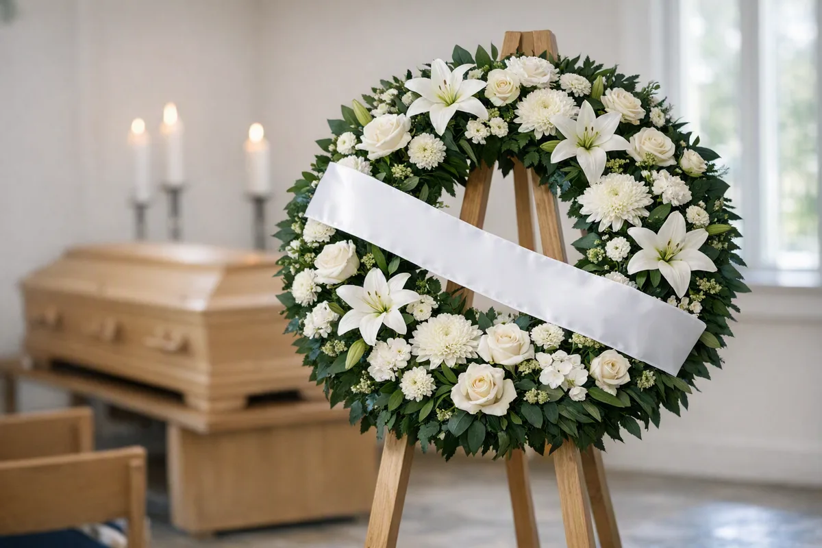 Funeral wreath of white lilies and roses on a stand with ribbon